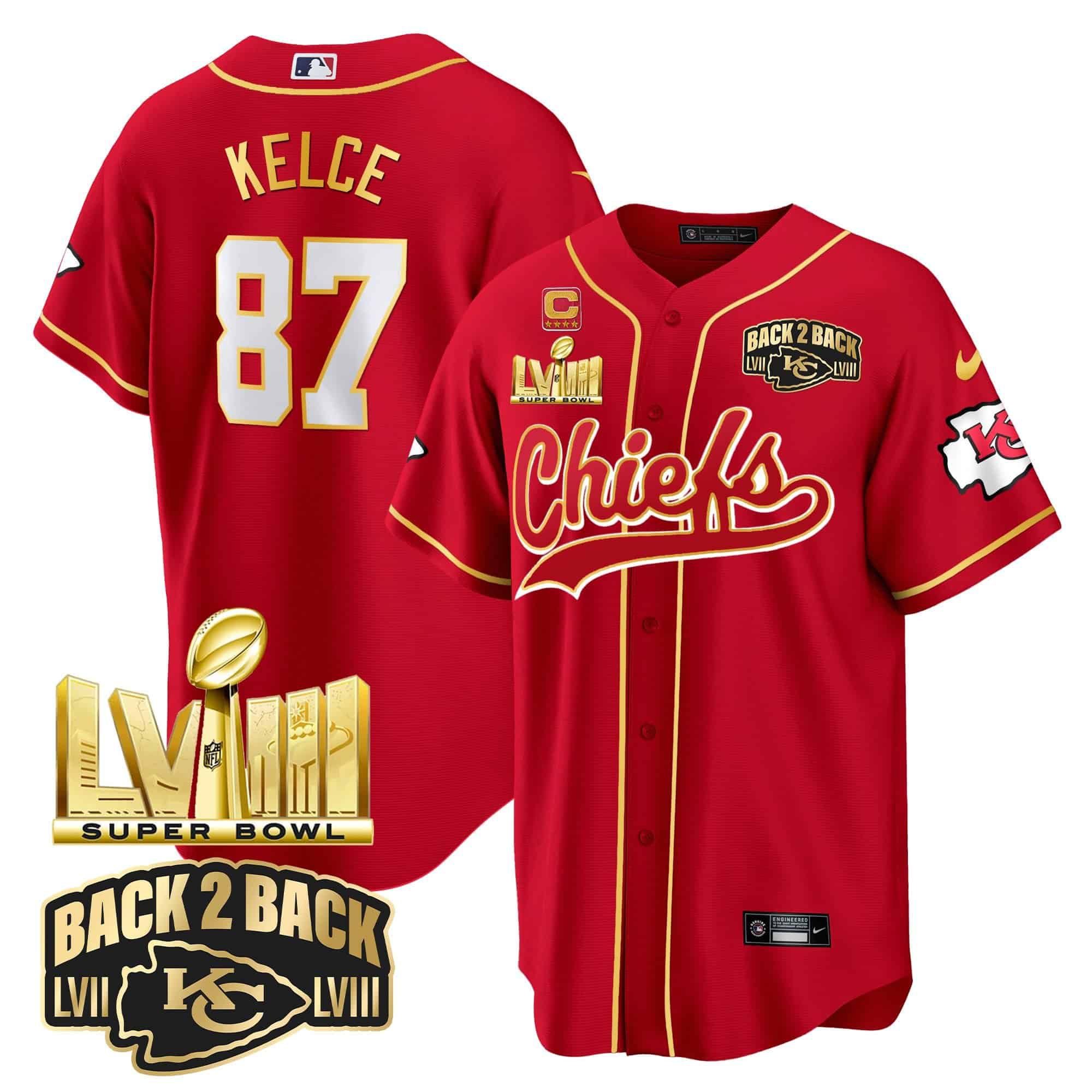 Men Kansas City Chiefs #87 Kelce Red 2024 Nike Super Bowl LVIII Back-2-Back Gold Patch Baseball NFL Jersey
